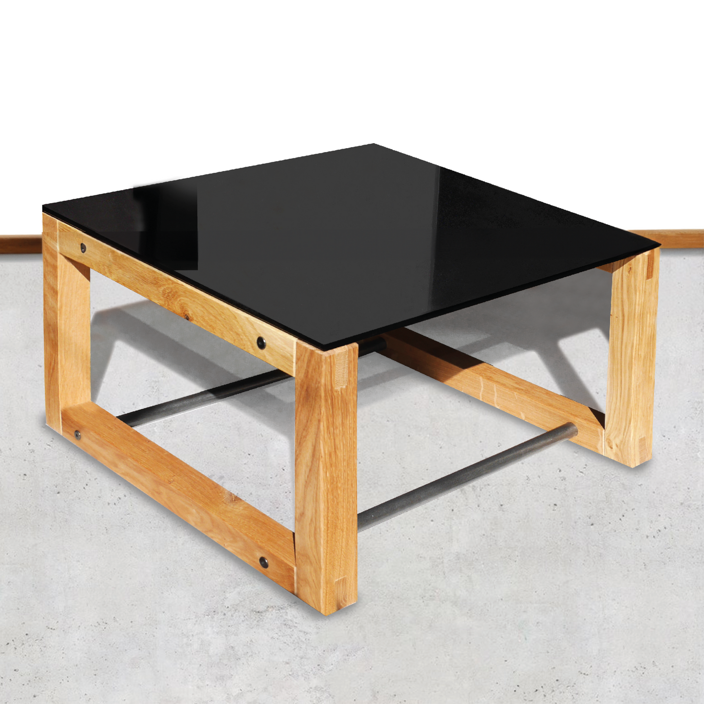 Eichen Massivholz Couchtisch mit Schwarzglas-Tischplatte