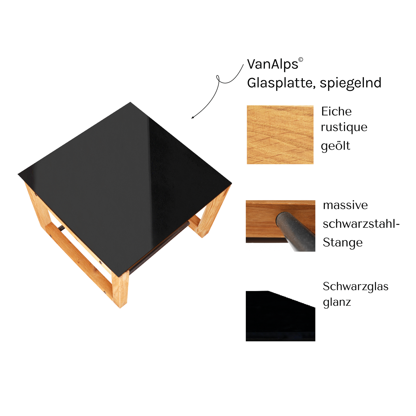 Eichen Massivholz Couchtisch mit Schwarzglas-Tischplatte