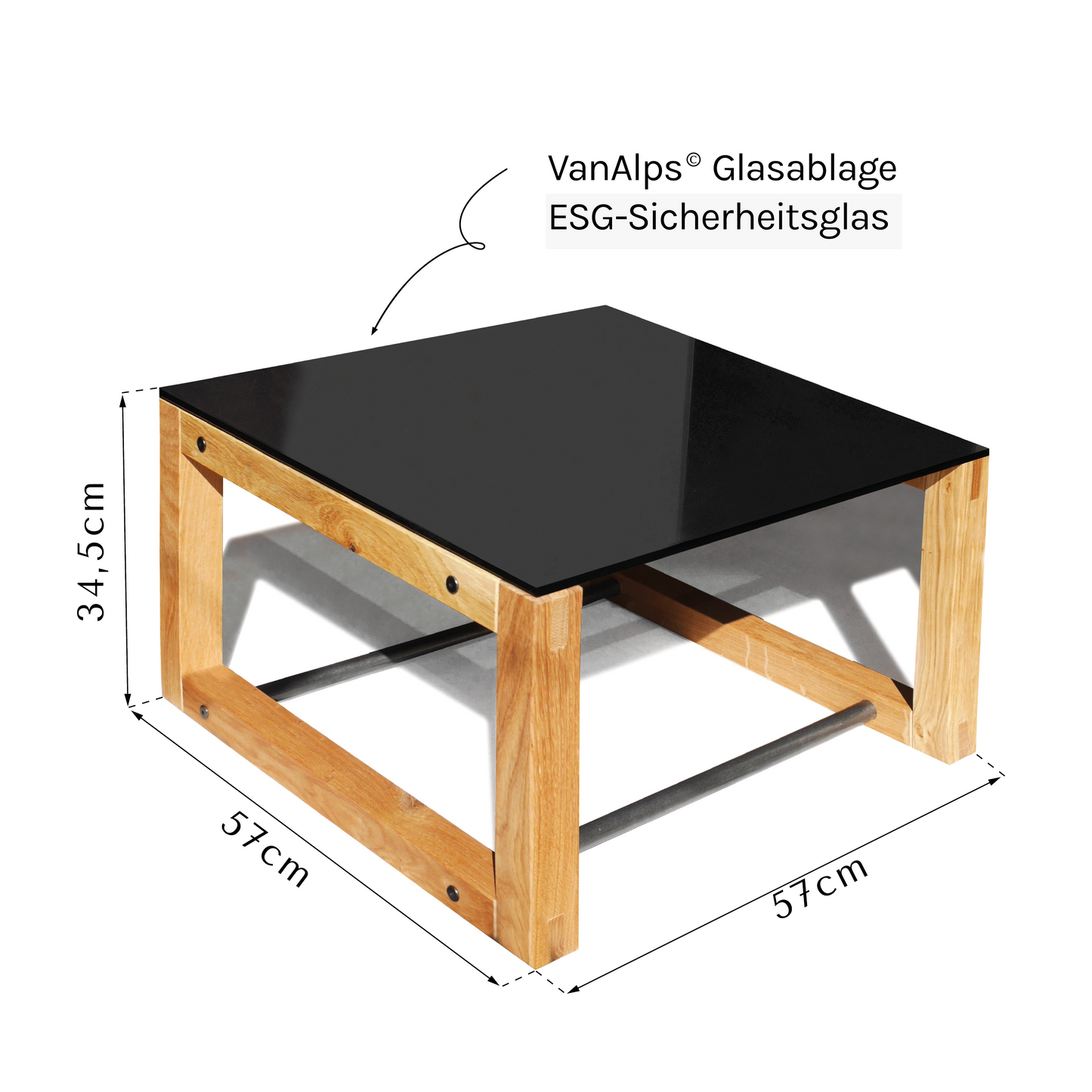 Eichen Massivholz Couchtisch mit Schwarzglas-Tischplatte