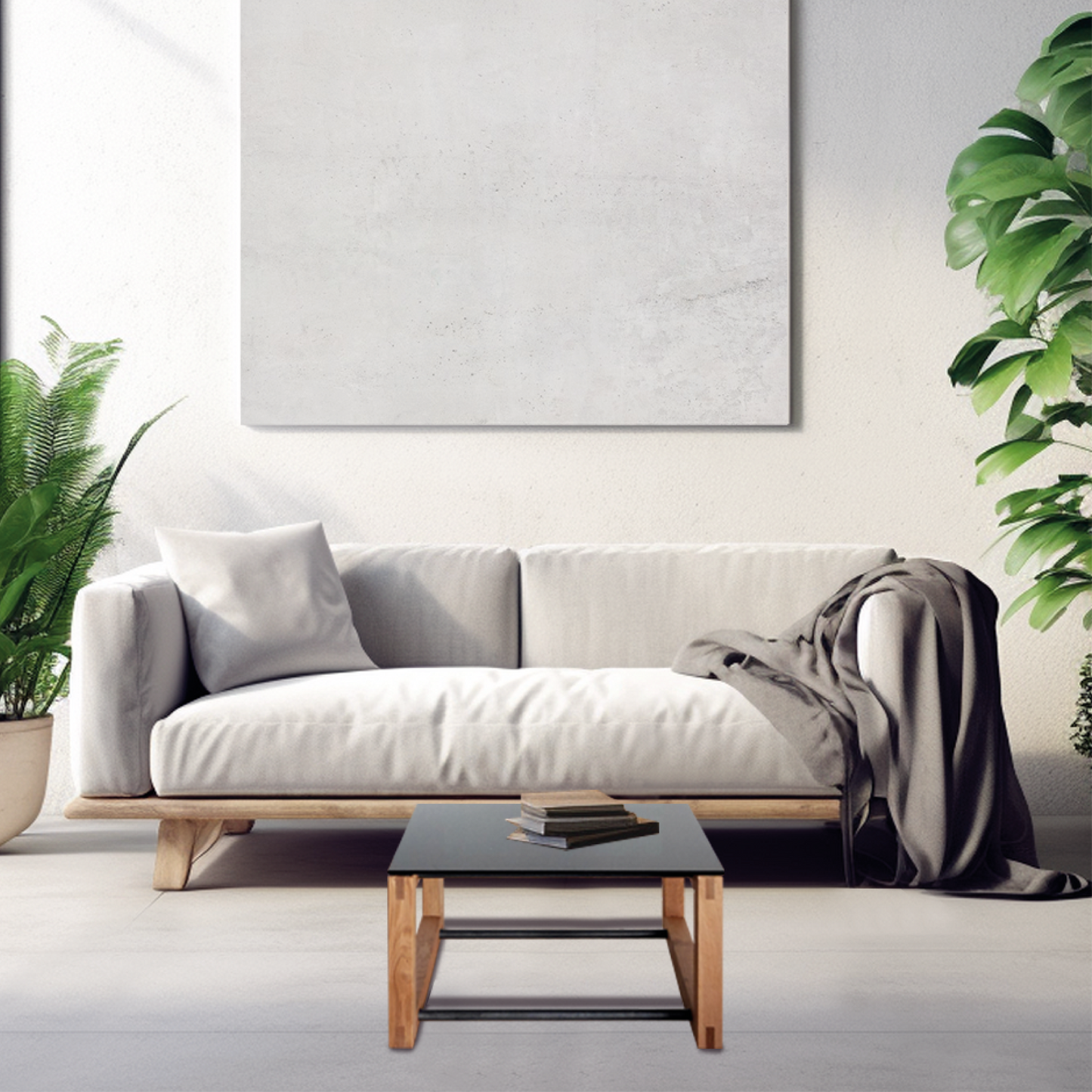 Eichen Massivholz Couchtisch mit Schwarzglas-Tischplatte